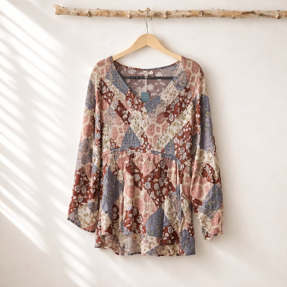 Maurices XXL Peplum Rayon Empire Waist Boho Patchwork V Neck Blouse Boho Style - Picture 3 of 16